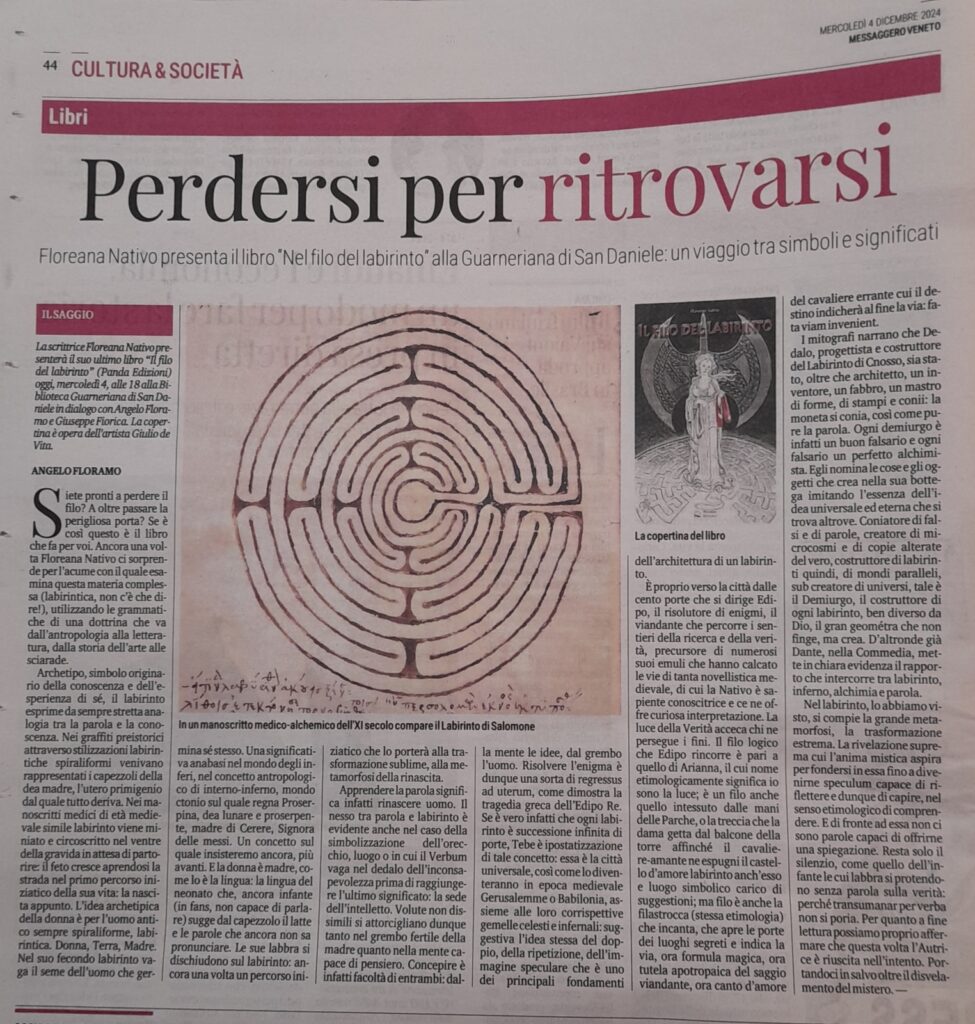 Perdersi per ritrovarsi. Floreana Nativo presenta il libro "Nel filo del labirinto" alla Guarneriana di San Daniele: un viaggio tra simboli e significati.